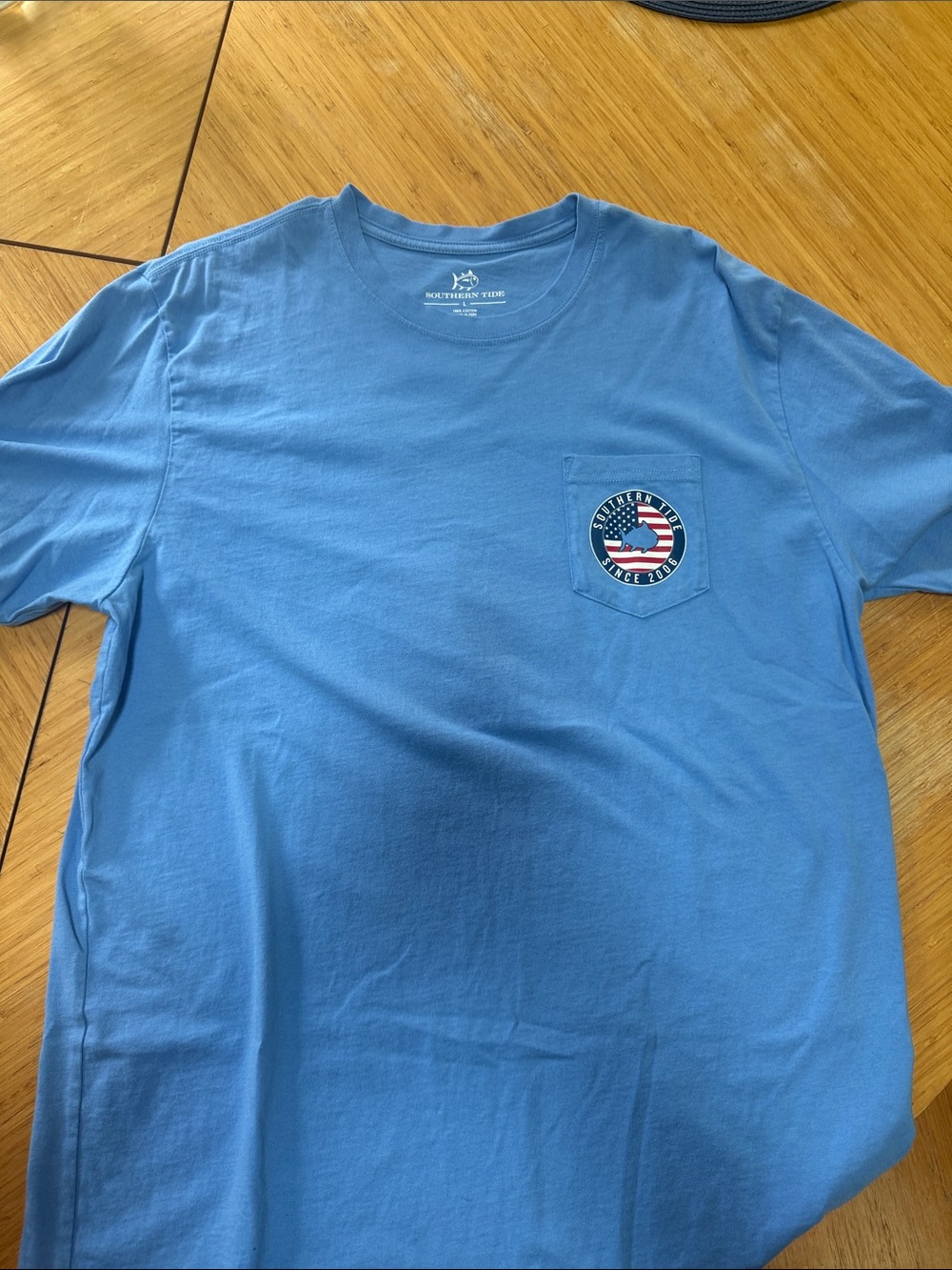 Southern Tide Men's Short Sleeve Pocket Tee in Sky Blue with Patriotic Patch